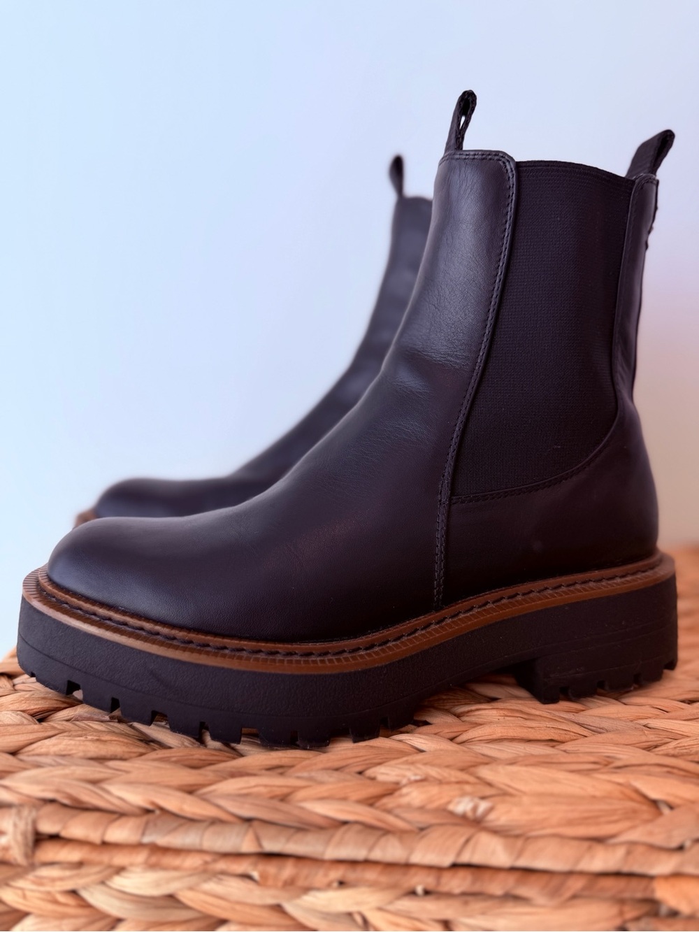 Sam Edelman Black Leather Lug Platform Chelsea Boots